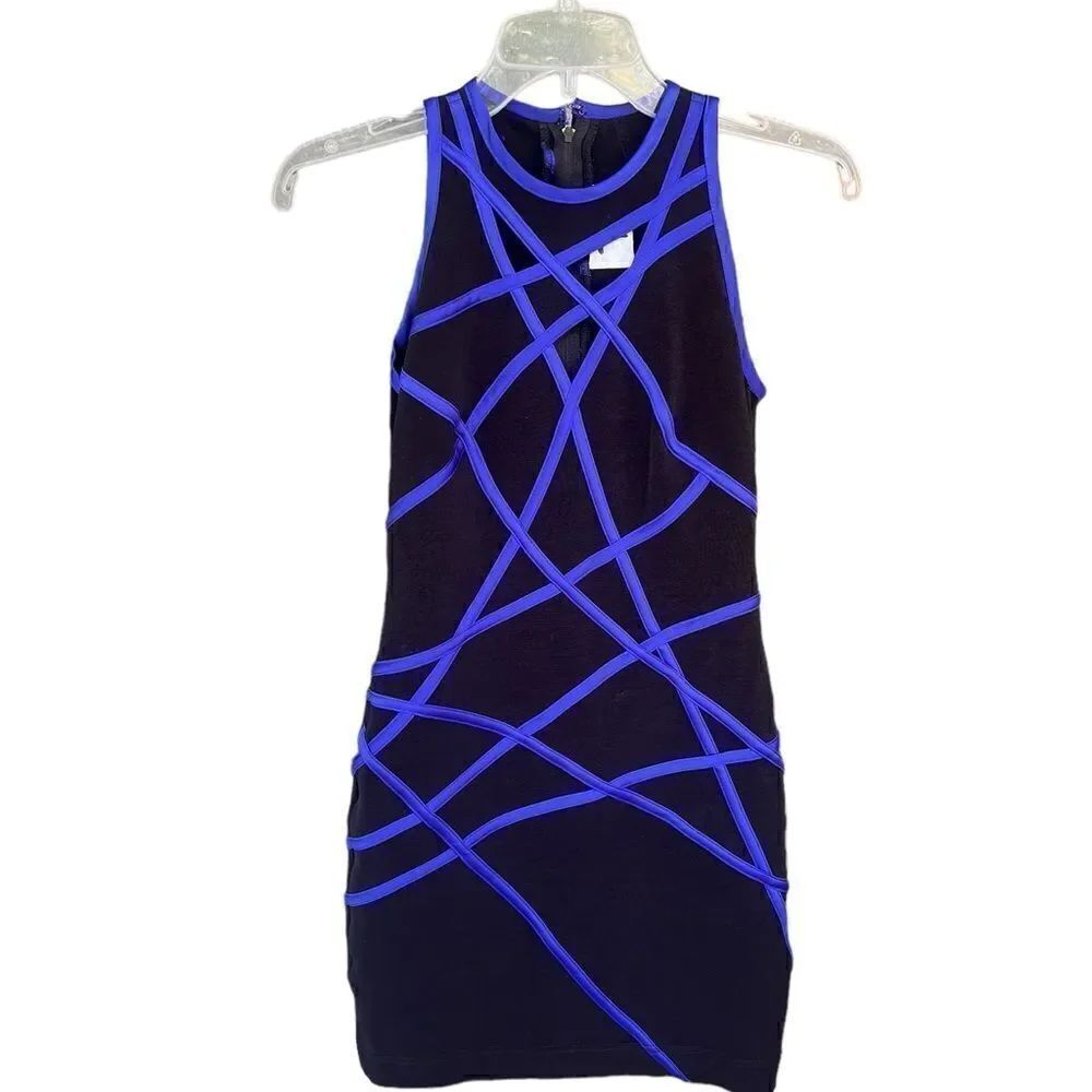 Vintage Tadashi Black bodycon blue stitched ribbon dress 2